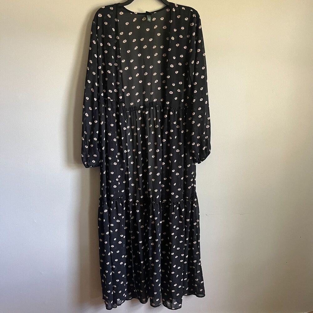 Wild Fable Sheer Maxi Kimono Cover-Up XS/S Black Daisy Floral Long Sleeve